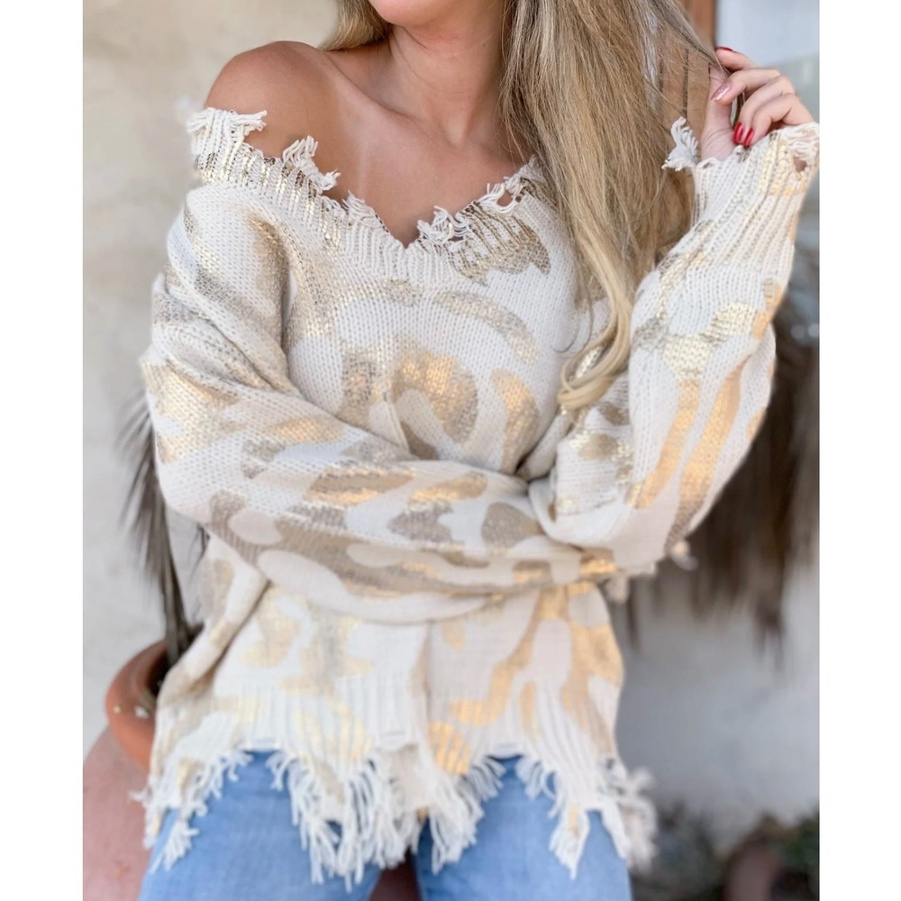 Amoli Womens Animal Print Ribbed‎ Hemline Distressed Sweater Ivory Gold Med/Lg